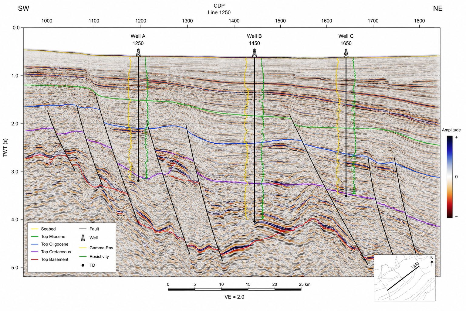 Interpreted seismic section with mapped horizons, faults, and well ties
